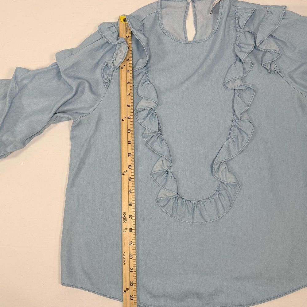 Light Blue Chambray Ruffle Denim Blouse Zara Cottagecore Boho Top Size L Large - Picture 5 of 7